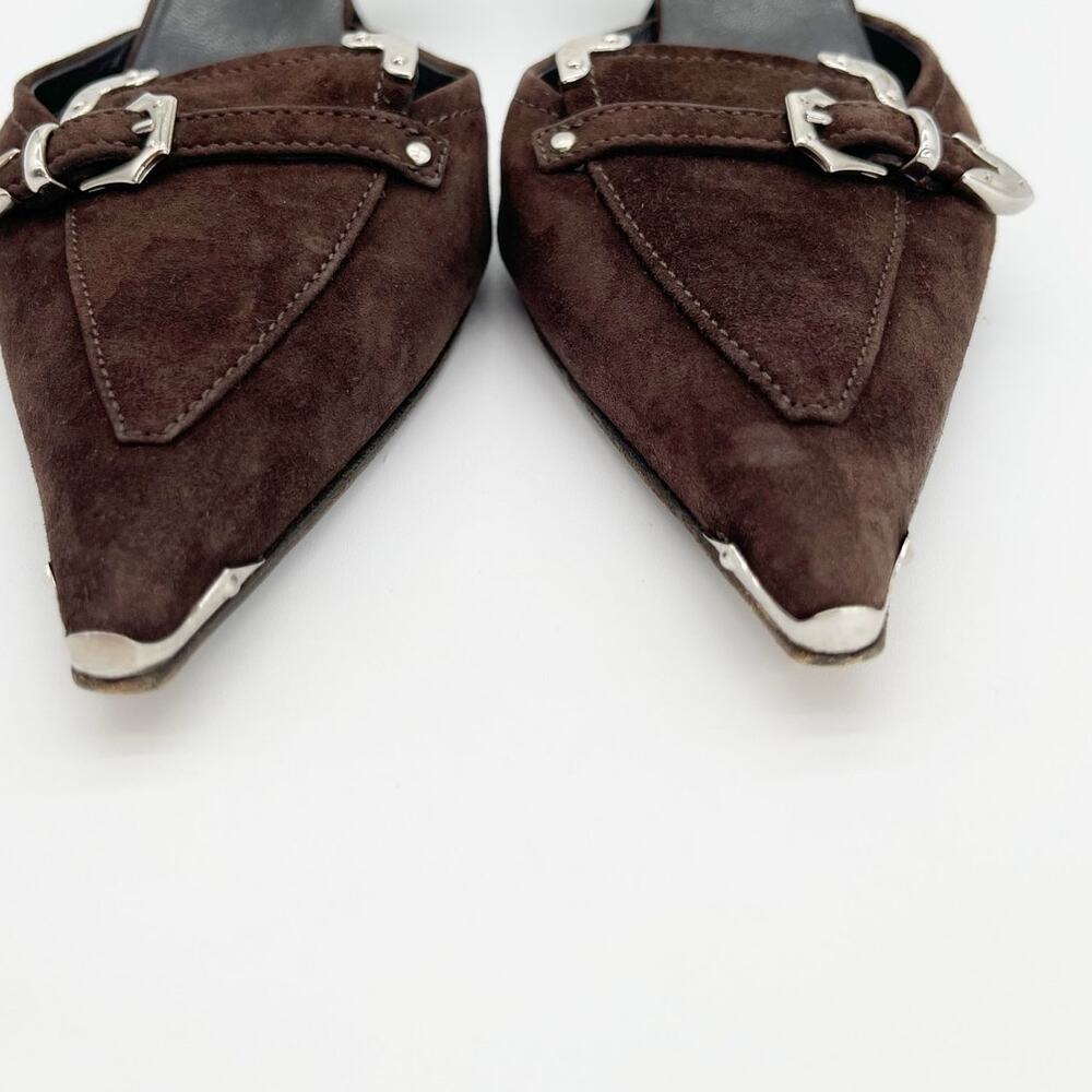 Prada Retro Vintage Y2K Brown Suede Western Buckle Kitten Heel Mules IT 35 - Picture 7 of 10